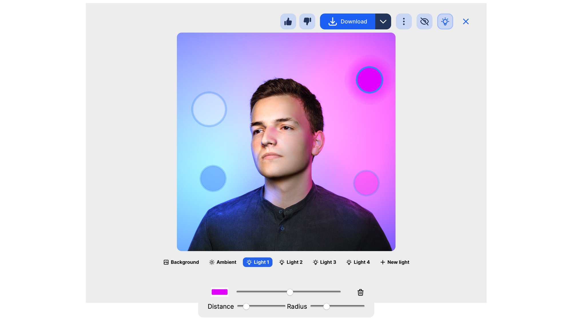 Clipdrop Relight: интерфейс с виртуальными источниками света