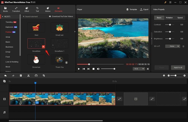MiniTool MovieMaker: добавление снежного элемента из Elements