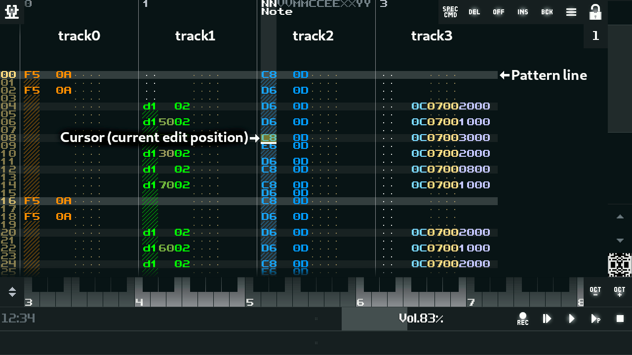 SunVox: Pattern Editor с треками, строками и текущей позицией редактирования