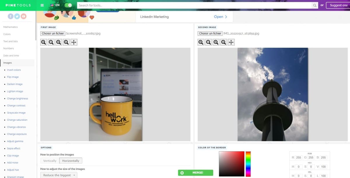 PineTools Merge images с двумя исходными изображениями и кнопкой Merge