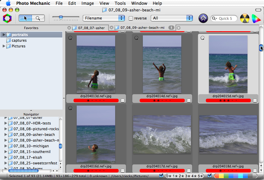 Contact Sheet в Photo Mechanic с выделенными кадрами и цветовой разметкой