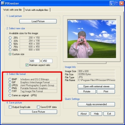Выбор формата во вкладке Work with one file в PIXresizer: BMP, GIF, JPEG, PNG, TIFF и Same as original