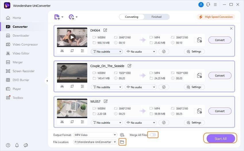 Очередь WebM и выбор MP4 в Wondershare UniConverter