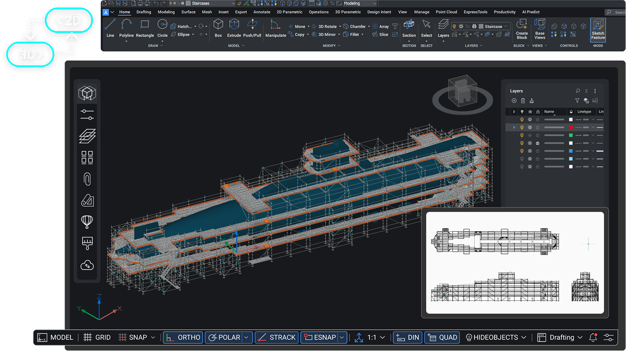 Интерфейс BricsCAD Pro с 3D-моделью и рабочей областью DWG