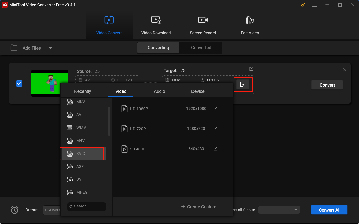 Выбор выходного формата и профиля в MiniTool Video Converter