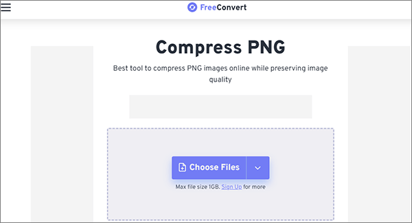 Страница FreeConvert Compress PNG с кнопкой Choose Files