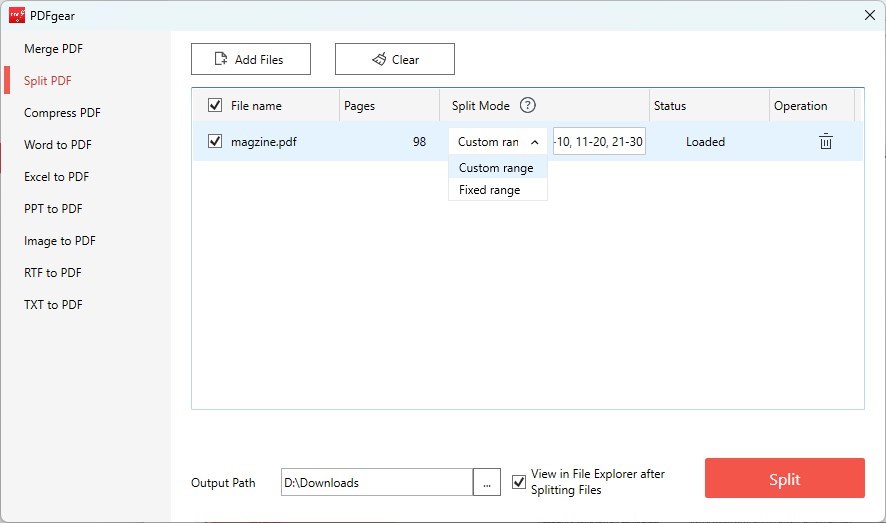 Разделение документа через Split PDF в PDFgear