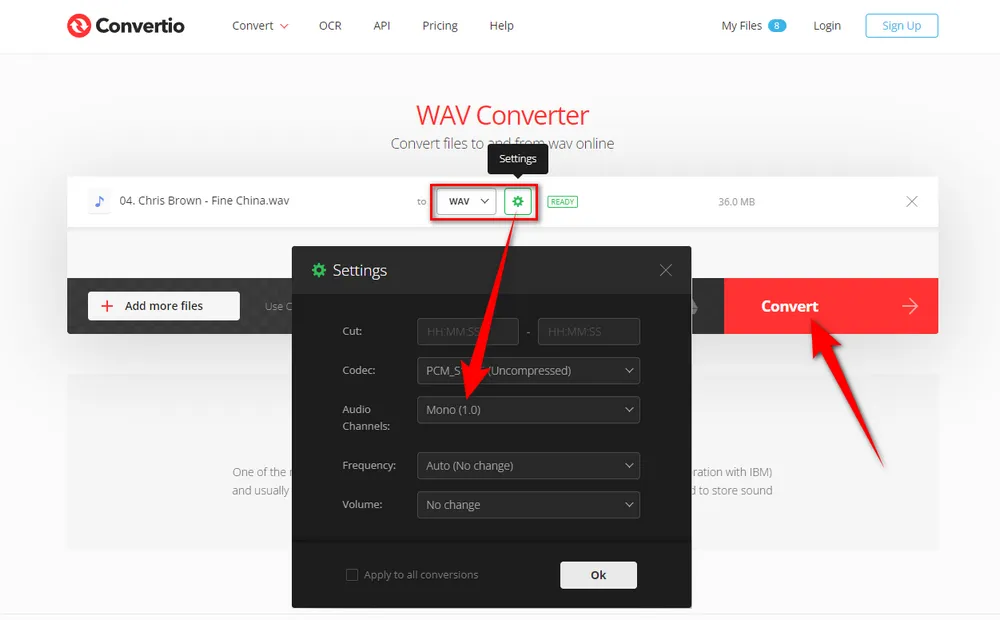 Convertio WAV Converter с настройками каналов, частоты и кнопкой Convert