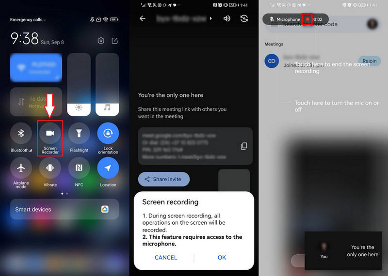 Интерфейс записи Google Meet и системного захвата на Android