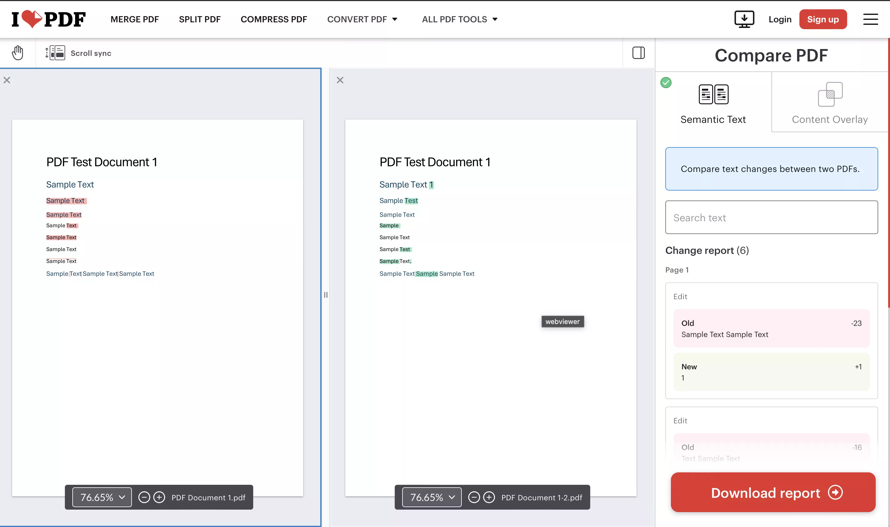 Панель отчета об изменениях в iLovePDF Compare PDF