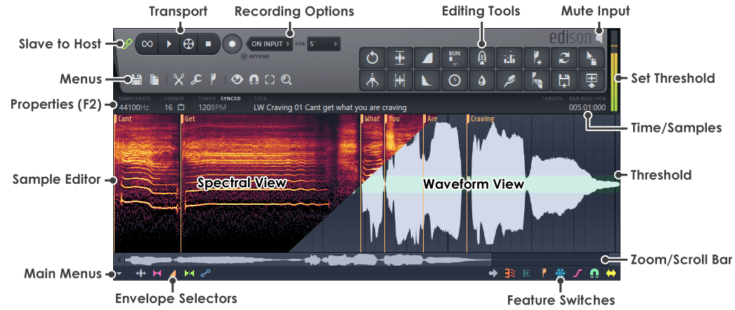 Аудиоредактор Edison в FL Studio с waveform и инструментами записи и редактирования