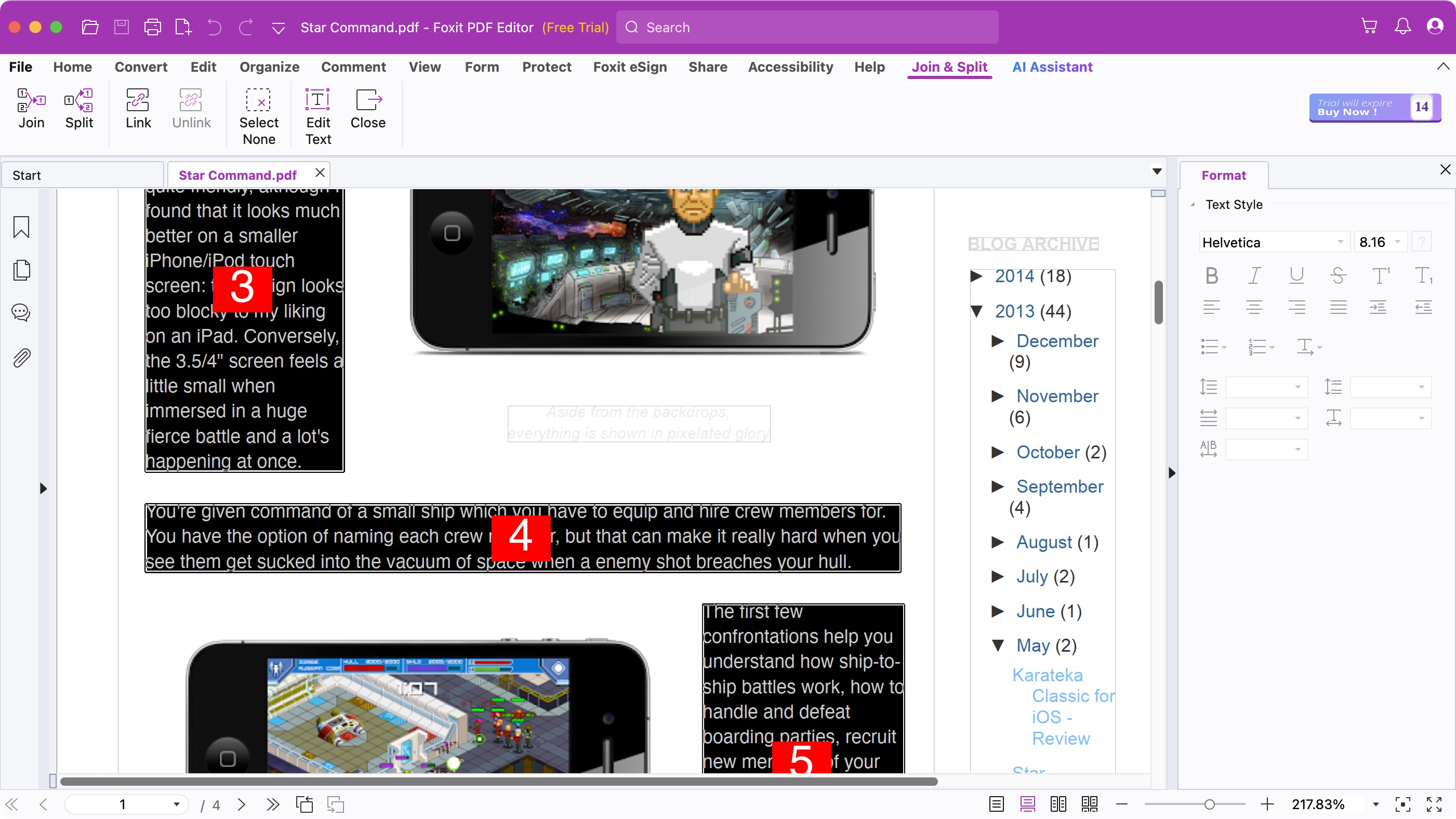 Редактирование текста в Foxit PDF Editor с режимом Join & Split