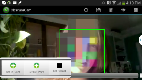 Панель видеообработки ObscuraCam с Set In Point, Set Out Point и Set Redact