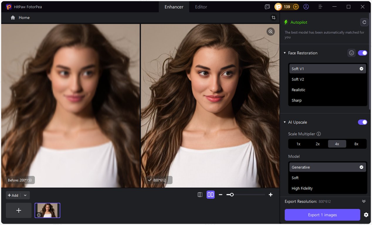 Face Restoration в HitPaw FotorPea с режимами Soft V1, Soft V2, Realistic и Sharp