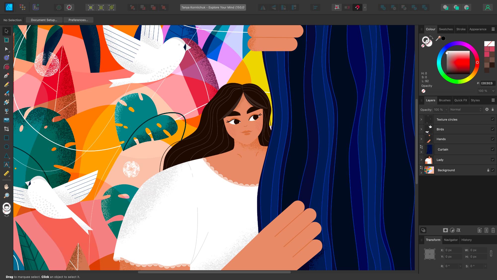 Рабочее окно Affinity Designer 2 с векторной иллюстрацией и панелями интерфейса