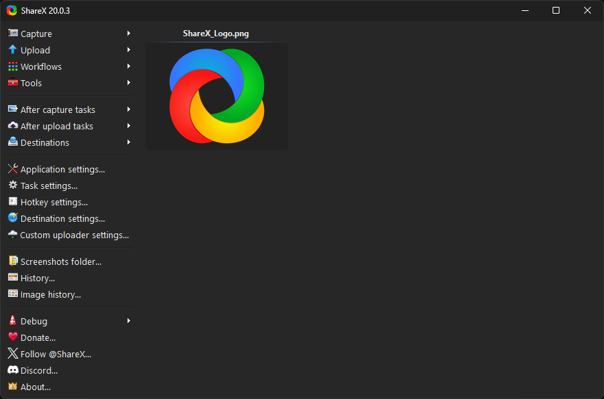 Главное окно ShareX с боковым меню Capture, Upload, Workflows, Tools и настройками задач