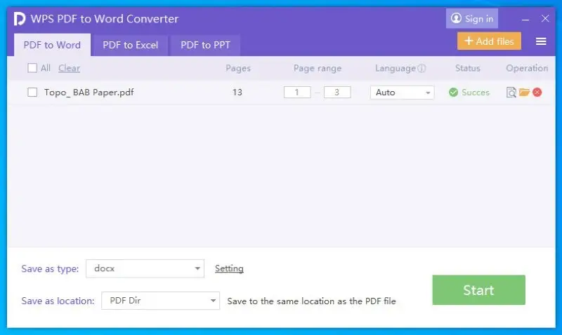 Интерфейс WPS PDF to Word Converter с выбором диапазона страниц