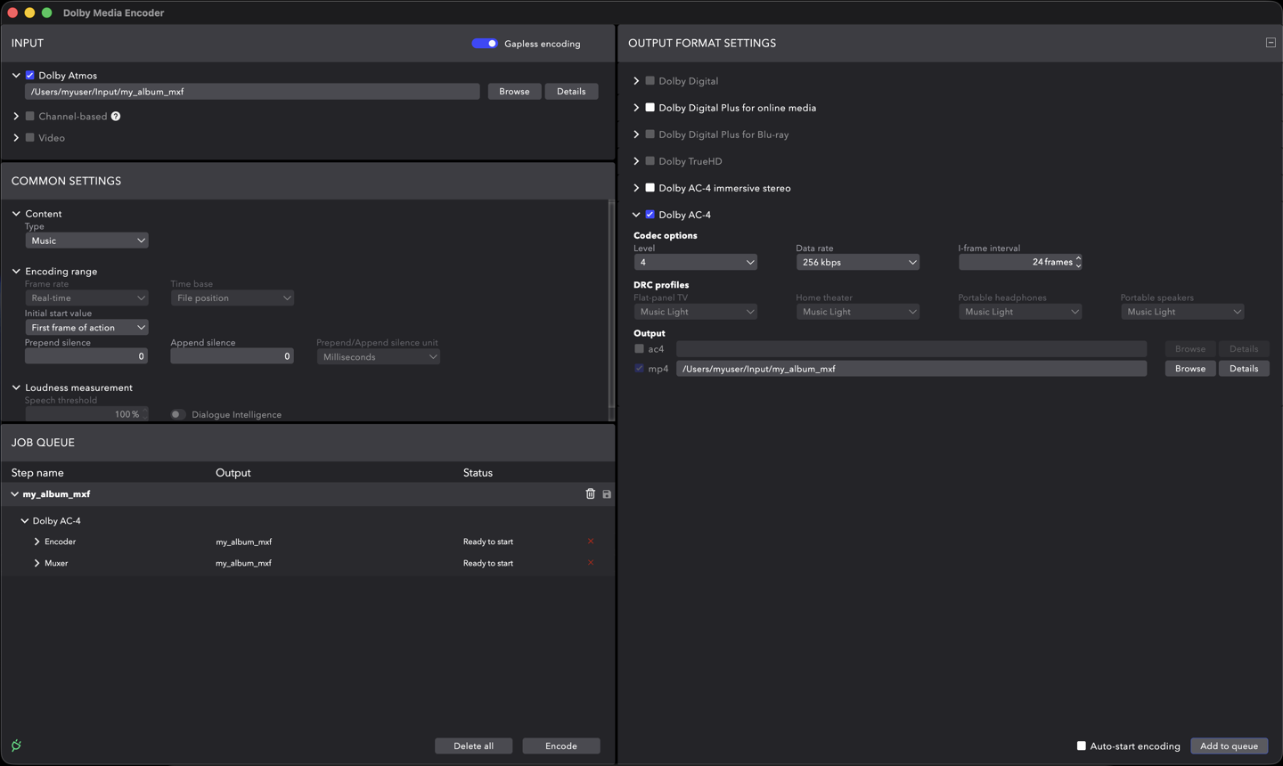 Dolby Media Encoder с параметрами вывода Dolby AC-4 и AC-4 MP4