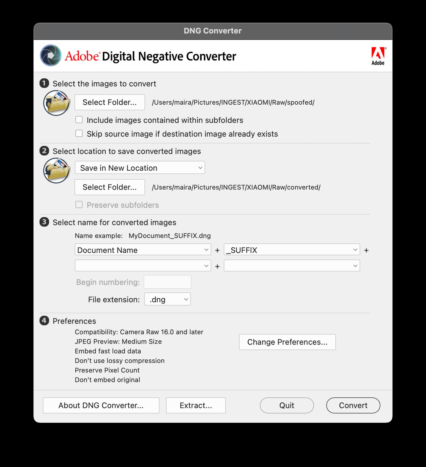Главное окно Adobe DNG Converter с выбором папки, имени DNG и параметров совместимости