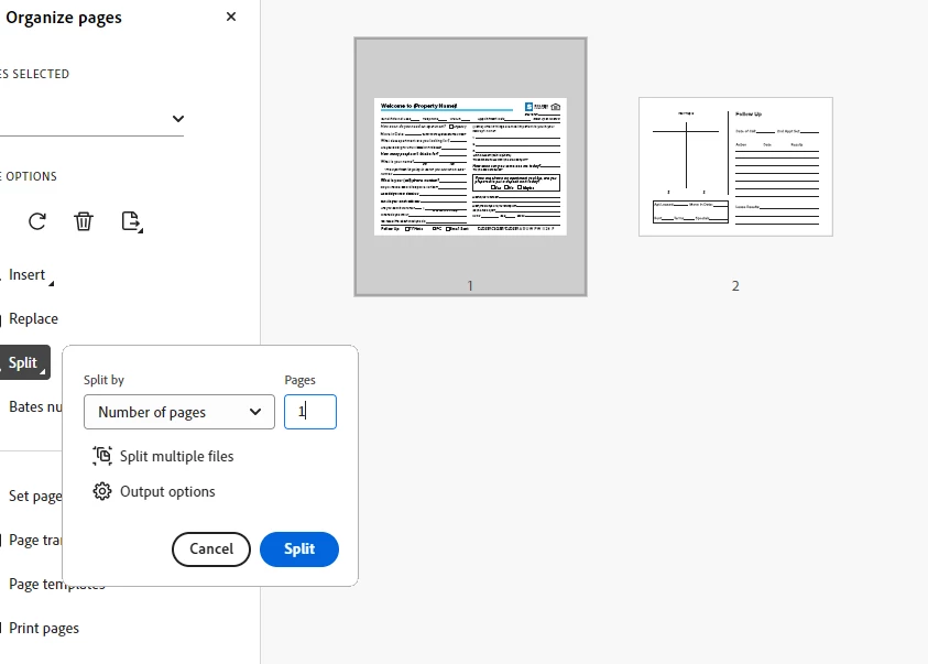 Adobe Acrobat: Organize pages и диалог Split по количеству страниц
