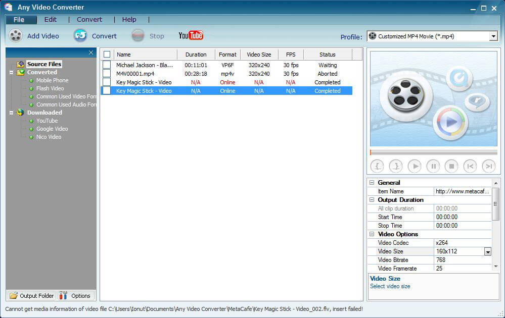Интерфейс Any Video Converter с очередью файлов и выбором формата
