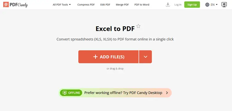 Интерфейс PDF Candy при конвертации Excel или XLS в PDF