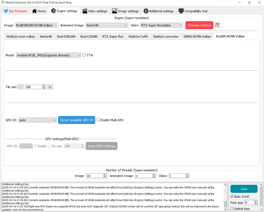 Настройки движка Waifu2X-Extension-GUI