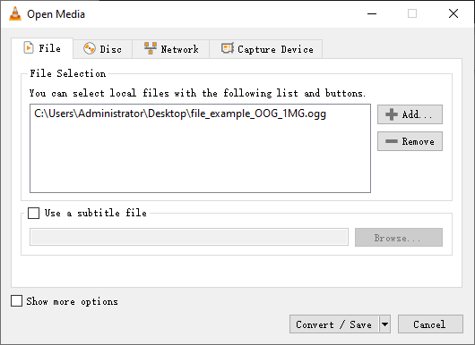 Окно выбора файла для конвертации в VLC