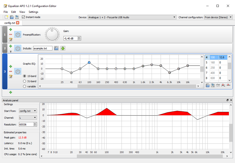 Equalizer APO: Configuration Editor с параметрами обработки