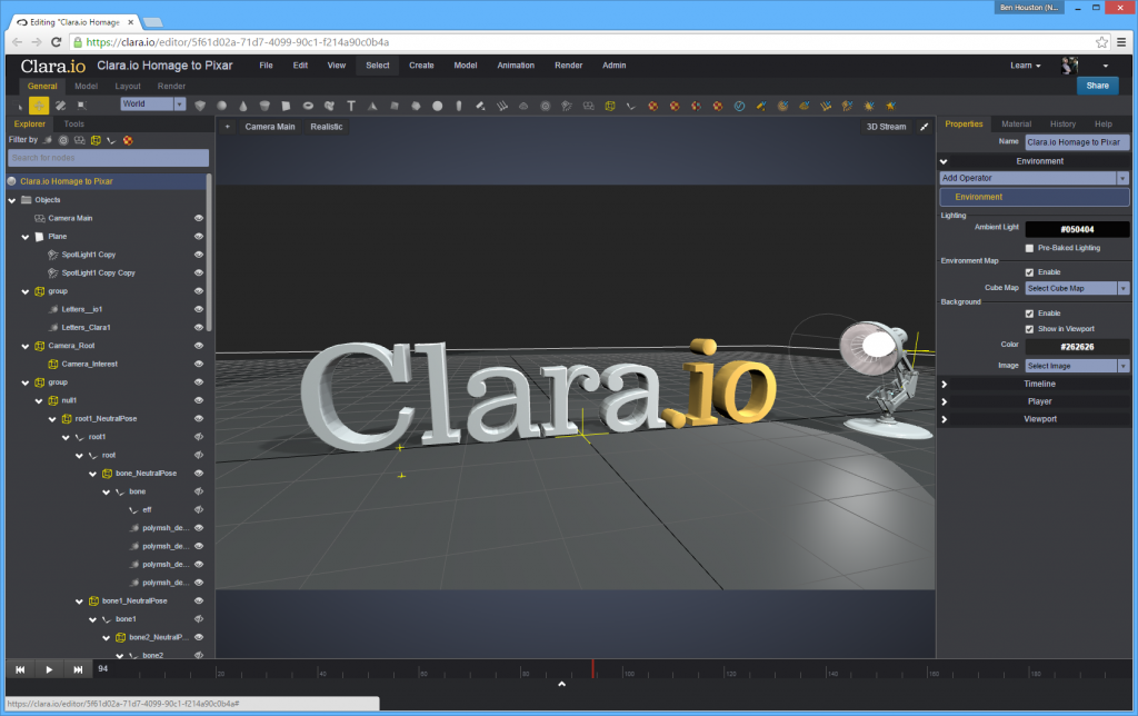 Рабочая сцена Clara.io с геометрией, костями, Explorer, Properties и временной шкалой