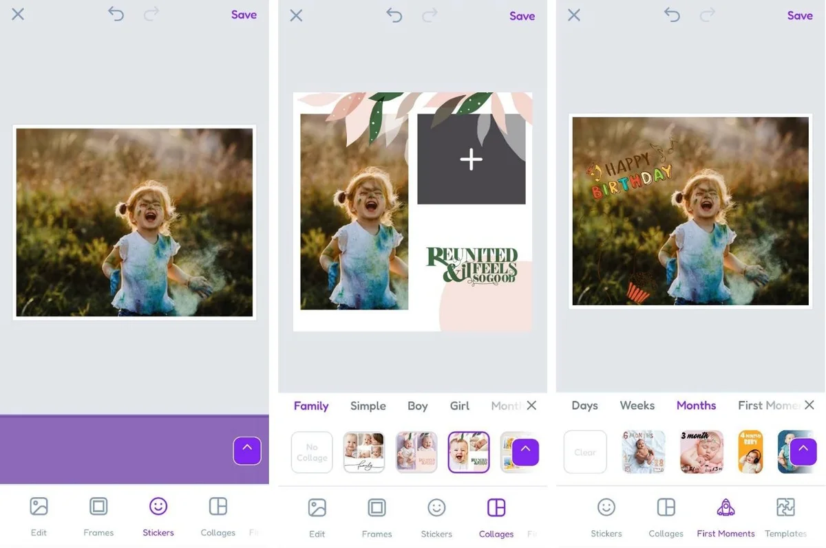 Интерфейс Baby Photo Editor Bebi Family с рамками стикерами и коллажами
