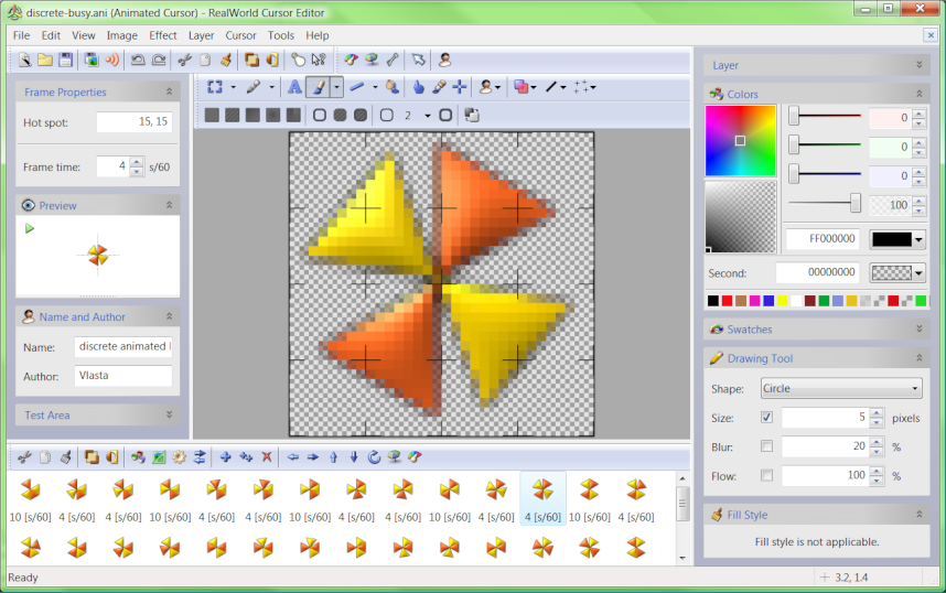 RealWorld Cursor Editor: редактирование ANI, свойства hotspot и Frame time, лента кадров