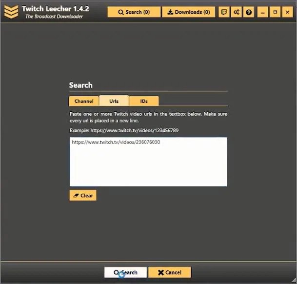 Поиск Twitch Leecher по URL: вкладка Urls и поле для ссылок на VOD