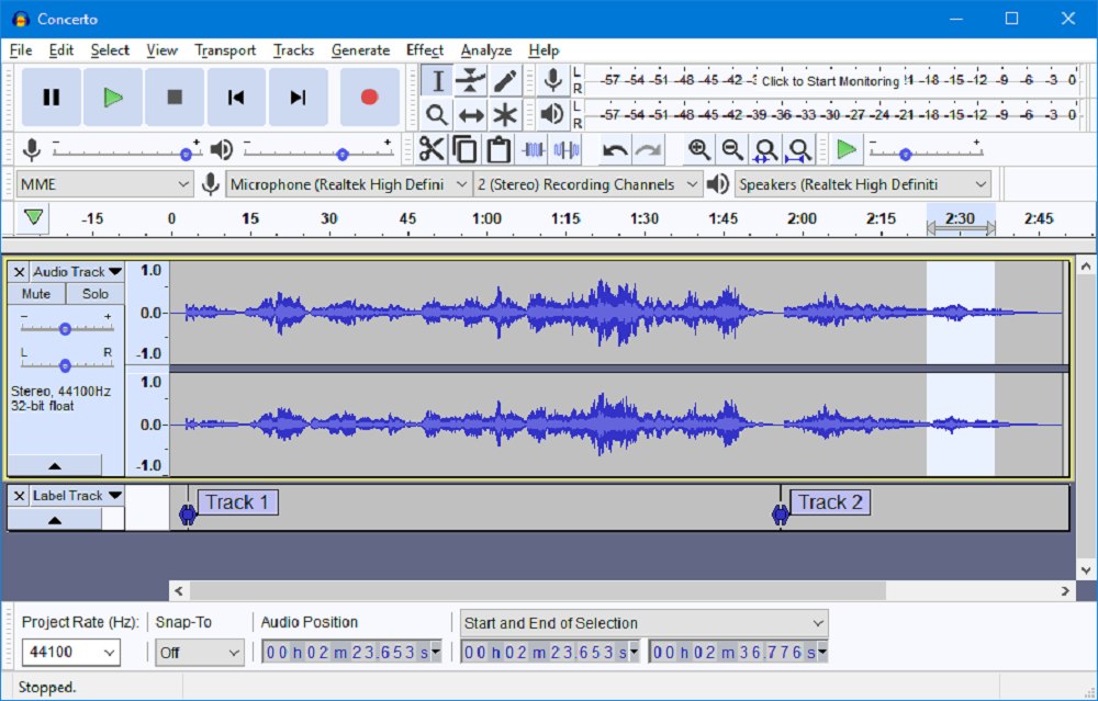 Интерфейс Audacity с формой волны и панелью записи