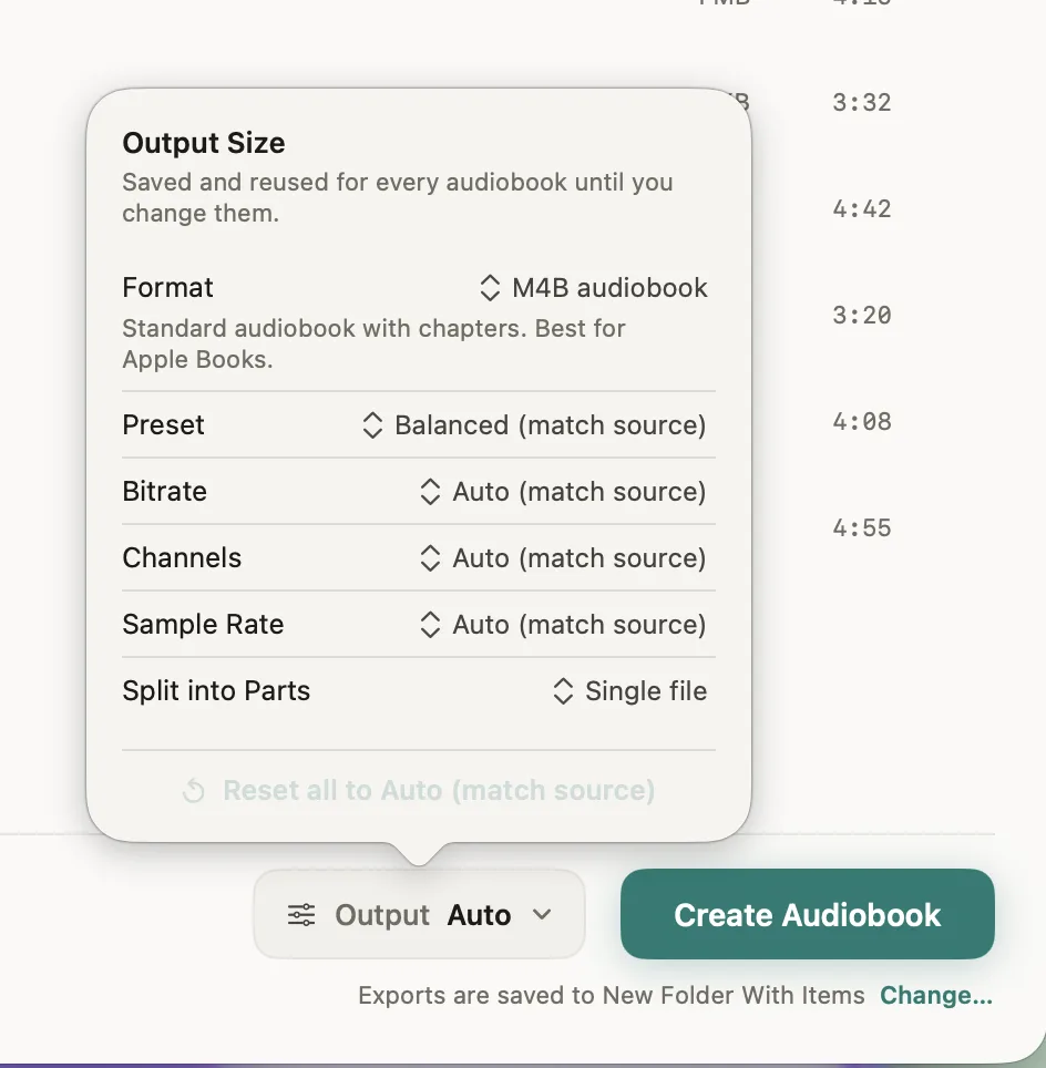Параметры M4B, битрейта, каналов и частоты в Audiobook Binder Pro