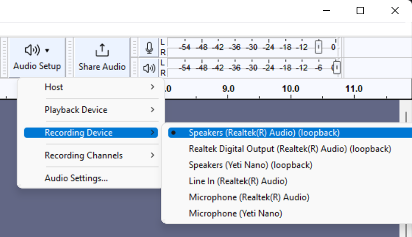 Выбор устройства с пометкой loopback в Audacity