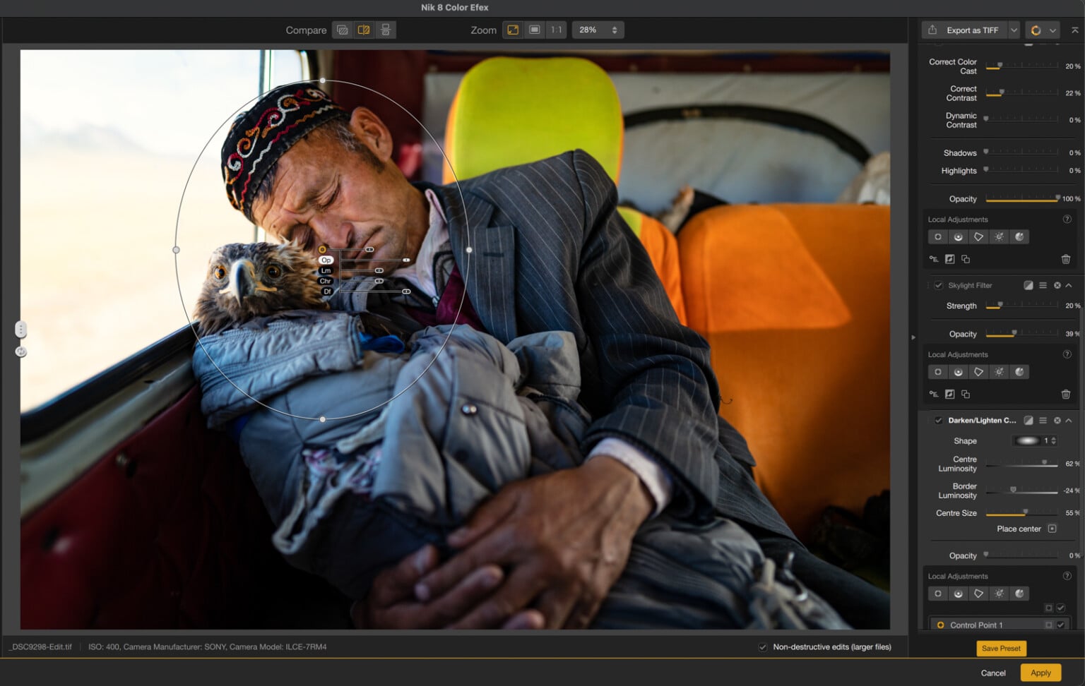 Интерфейс Nik Color Efex с локальными контрольными точками на мужском портрете