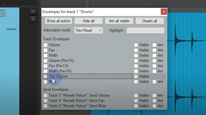 Окно Track Envelopes в REAPER с параметром Pan