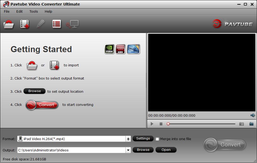 Главное окно Pavtube Video Converter Ultimate с подсказкой Getting Started, полями Format и Output, кнопками Settings, Browse, Open и Convert