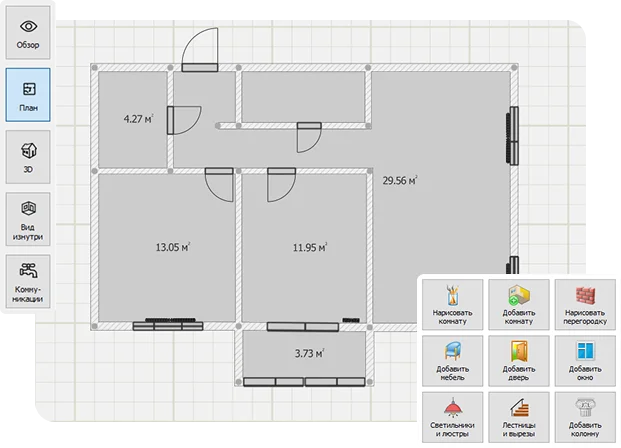 Интерфейс Дизайн Интерьера 3D с планом помещений и инструментами построения комнат