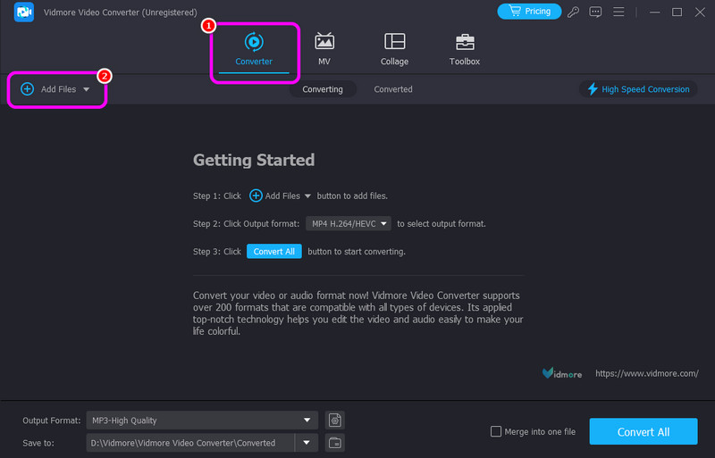 Вкладка Converter и Add Files в Vidmore Video Converter