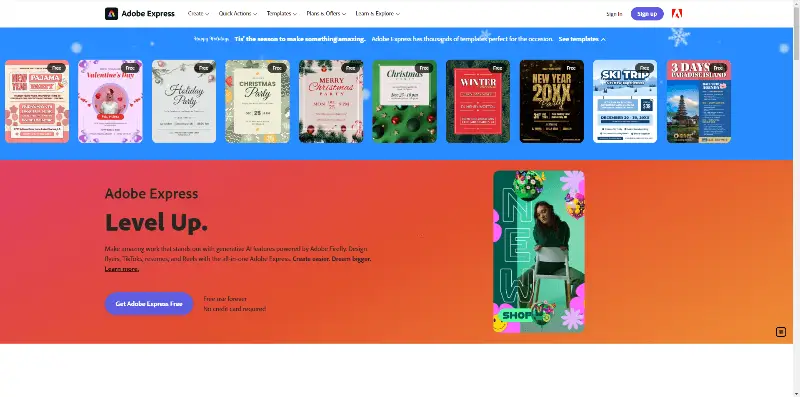 Интерфейс Adobe Express с шаблонным редактором