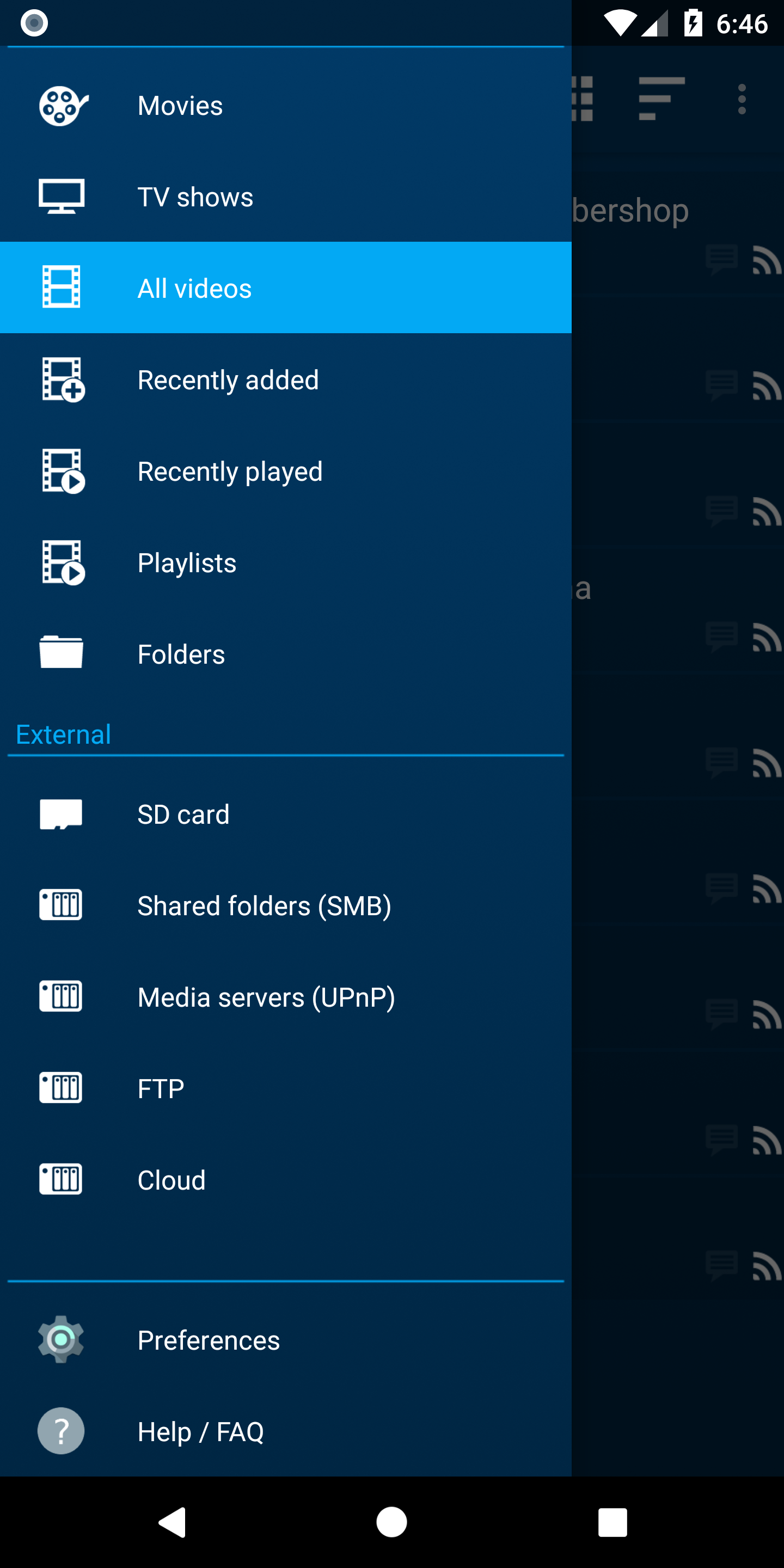 NOVA Video Player на Android: боковое меню с Movies, TV shows, Folders, SMB, UPnP и FTP