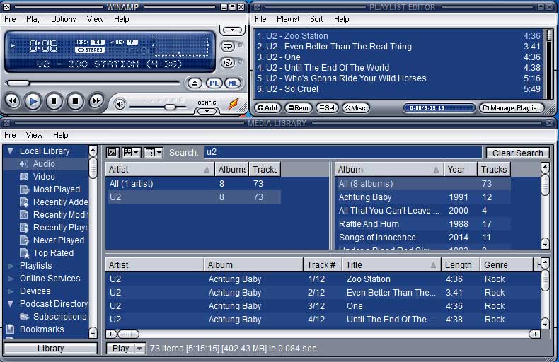Winamp: классический интерфейс плеера, редактор плейлиста и медиатека