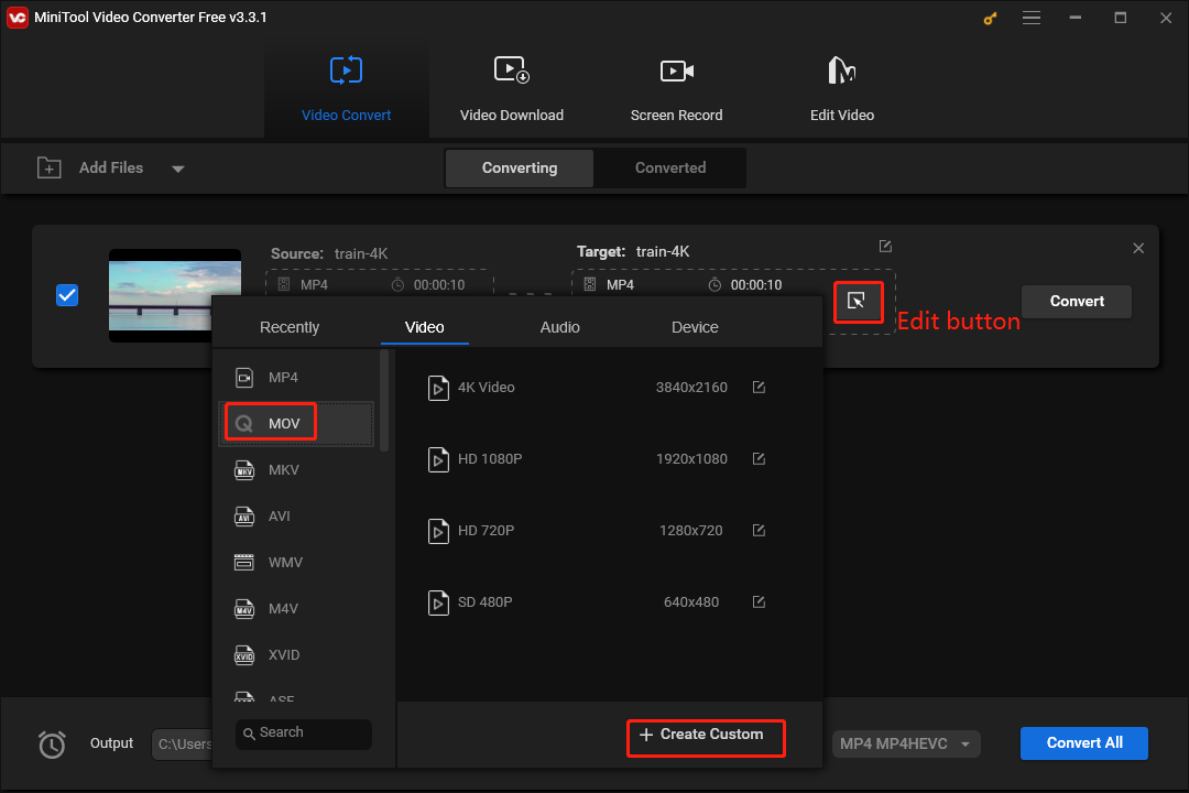 MiniTool Video Converter: выбор MOV и команда Create Custom