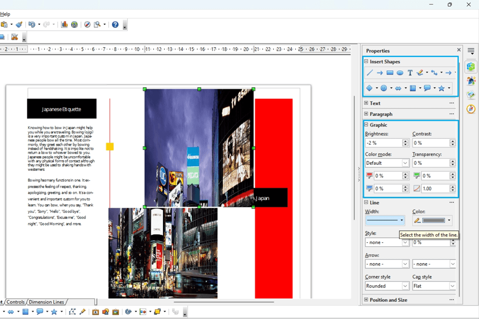 Интерфейс Apache OpenOffice Draw с текстом, изображениями и панелью Properties