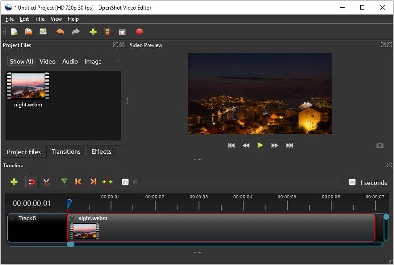 Интерфейс OpenShot с WebM в монтажном проекте