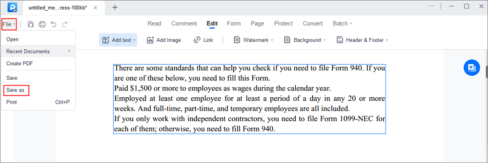 Сохранение PDF в EaseUS PDF Editor