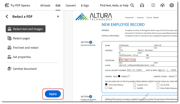 Кнопка Apply для применения redaction в Adobe Acrobat Pro