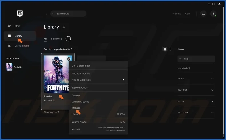 Epic Games Launcher с библиотекой игры и командой Uninstall в меню управления